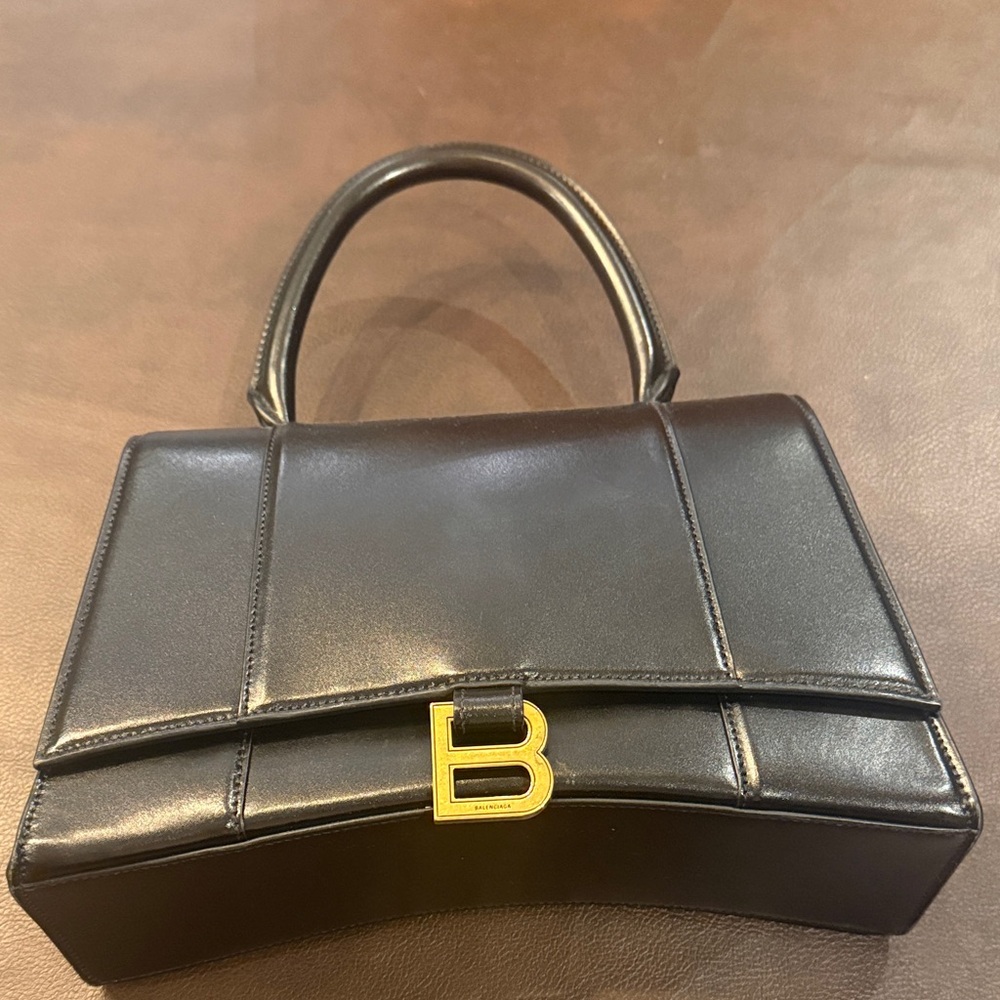 Black Leather Top-Handle Bag with Gold B Logo